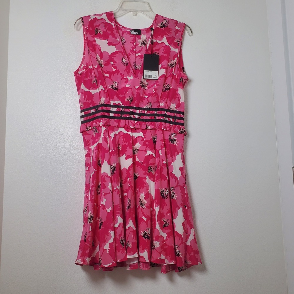 The Kooples NWT Pink Floral Silk Fit & Flare Dress Summer Party US Size Large‎ - Picture 12 of 15